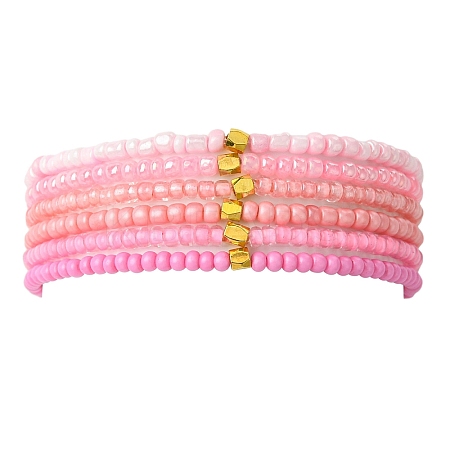 Pink Color Palette Gradient Color Glass Seed Beaded Stretch Bracelet Sets BJEW-MZ00102-01-1