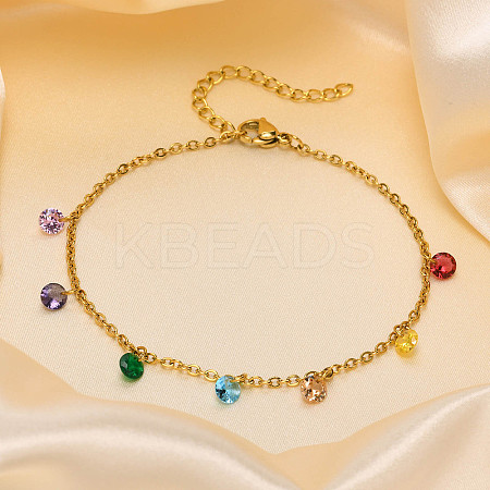 304 Stainless Steel with Flat Round Rhinestone Tassel Anklets FS-WG612B1-02-1