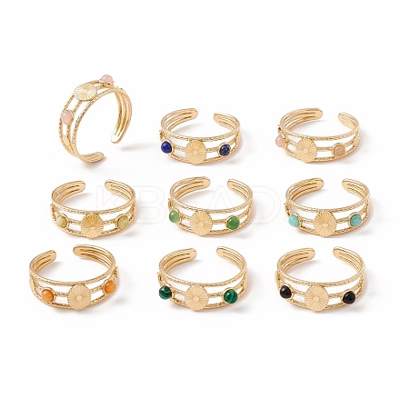 Natural Gemstone and Flat Round Open Cuff Ring RJEW-B039-02G-1
