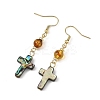 Cross Natural Amber & Abalone Shell/Paua Shell Dangle Earrings EJEW-JE07359-4
