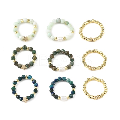3 Pcs Natural Gemstone & Cultured Freshwater Pearl & Brass Beaded Stretch Ring Set RJEW-JR01084-1