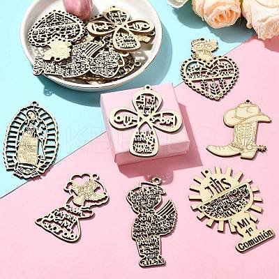 35Pcs 7 Styles Wedding Theme Wooden Huggie Pendants WOOD-CJ0002-07-1