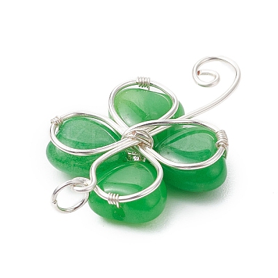 Dyed Natural Malaysia Jade Copper Wire Wrapped Shamrock Pendants PALLOY-JF02970-02-1