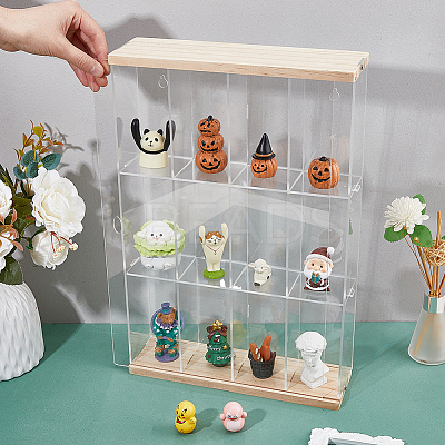 3-Tier 4-Grid Transparent Acrylic Minifigures Organizer Dispaly Case with Wood ODIS-WH0004-03B-1
