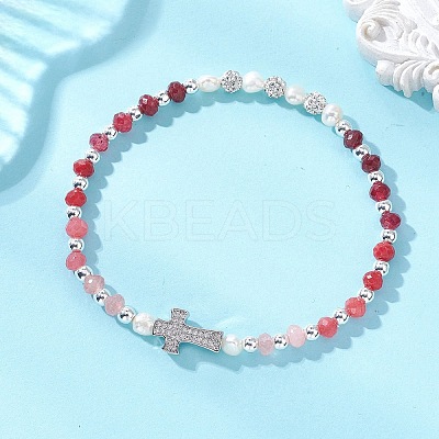 Dyed Natural Malaysia Jade Rondelle & Cultured Freshwater Pearl Beaded Stretch Bracelets BJEW-JB13380-1