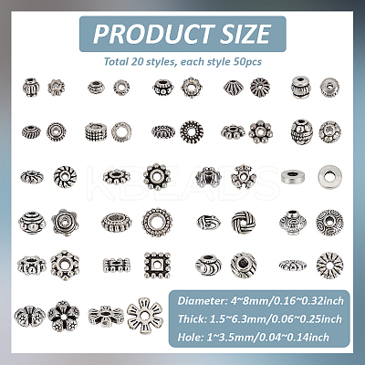 1200Pcs 24 Styles Tibetan Style Alloy Spacers Beads TIBEB-PH0005-09-1