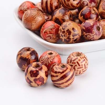 Round Printed Natural Wood Beads X-WOOD-R243-16mm-M2-1
