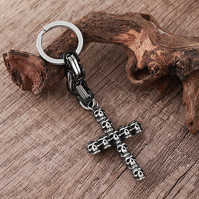 304 Stainless Steel Skull-shape Cross Keychains HC7516-1