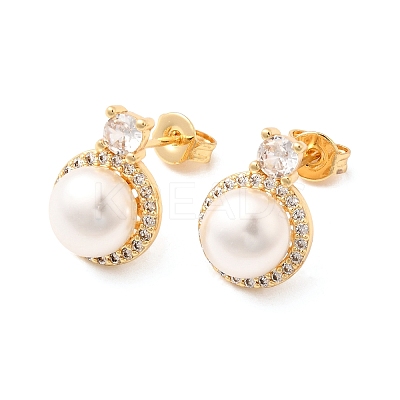 Round Brass Micro Pave Clear Cubic Zirconia Stud Earrings EJEW-A135-26G-1