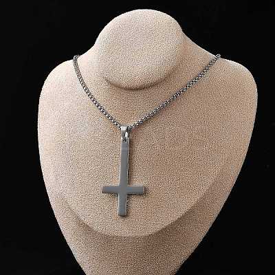 304 Stainless Steel Christian Upside Down Cross Pendant Box Chain Necklaces NJEW-NH0001-07P-1