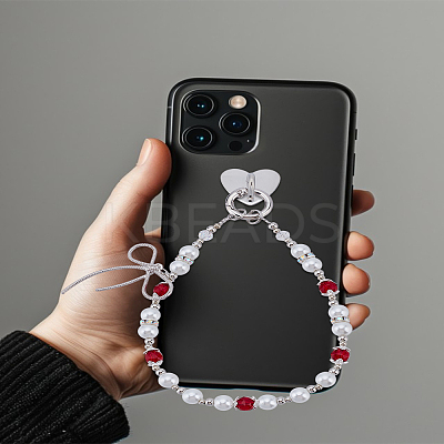 Bowknot Alloy & Plastic Pearl & Acrylic Mobile Straps AJEW-LP0004-91-1