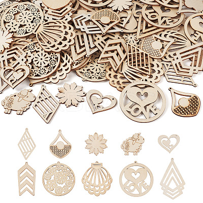 100Pcs 10 Styles Undyed Natural Wooden Big Pendants WOOD-EL0001-03-1