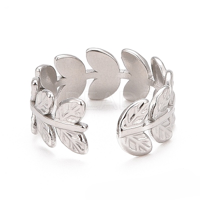 Non-Tarnish 304 Stainless Steel Leaf Wrap Open Cuff Ring for Women LS-RJEW-C025-16P-1