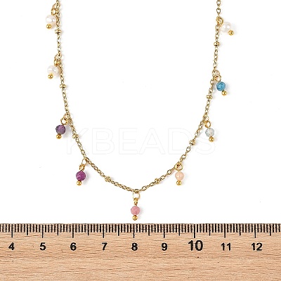 Faceted Round Natural Apatite & Amethyst & Rhodonite & Sunstone & Apatite & Ruby Tassel 304 Stainless Steel Cable Chain Necklaces with Natural Pearl NJEW-JN06470-1