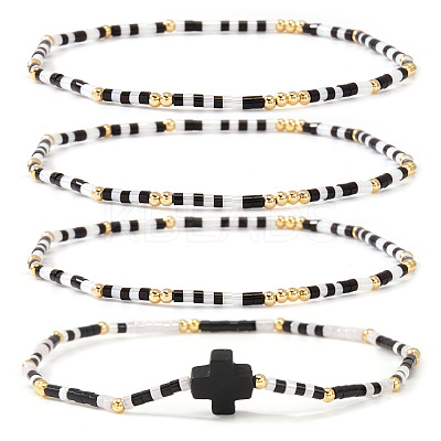 4Pcs Bohemian Summer Cross & Glass Seed Bead Beaded Stretch Bracelet Sets BE5944-7-1