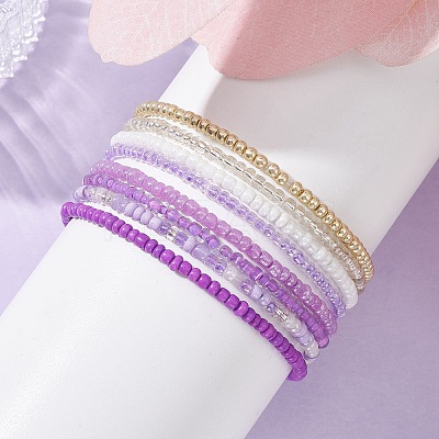 8Pcs 8 Color Glass Seed Beaded Stretch Bracelets Set for Women BJEW-JB09661-03-1