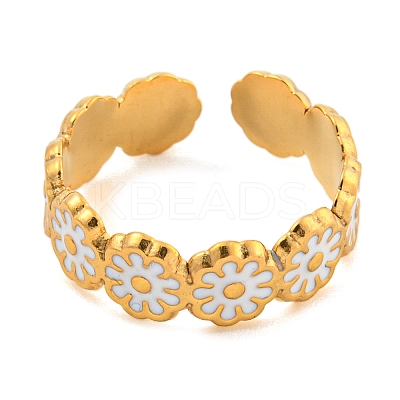 Daisy 304 Stainless Steel Enamel Open Cuff Ring for Women LS-RJEW-Z041-02G-03-1