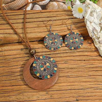 Ethnic Style Alloy Enamel & Wood Pendant Necklaces & Dangle Earrings Sets WG3F4B9-03-1