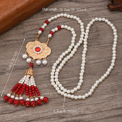 Ancient Style 6mm Imitation Pearl Round Beaded Alloy Cloud Pendant Hanfu Long Necklaces UX7679-2-1
