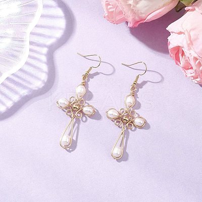Natural Cultured Freshwater Pearl Cross Dangle Earrings EJEW-TA00723-1