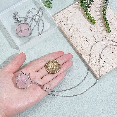 2Pcs Brass Macrame Pouch Natural Rose Quartz Round Inside Pendant Necklaces NJEW-PH01597-1