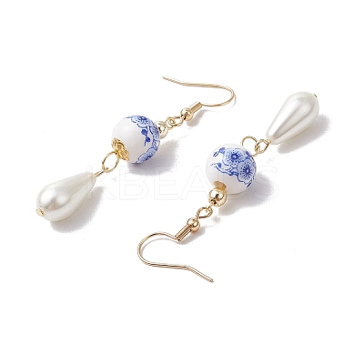 Round with Flower Pattern Porcelain Ceramic Dangle Earrings EJEW-JE06347-01-1