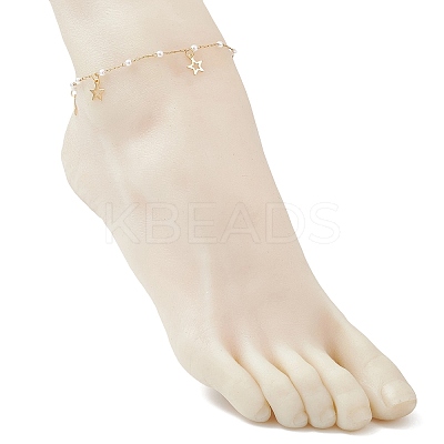 Round ABS Imitation Pearl Beads & 304 Stainless Steel Link Chain Tassel Anklets for Women AJEW-AN00738-03-1