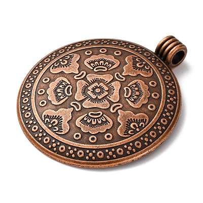 Tibetan Style Flat Round with Flower Alloy Big Pendants TIBEP-Q056-15R-NR-1