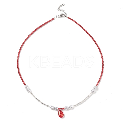 Glass Teardrop Pendant Necklace with Seed Beaded Chains NJEW-JN04333-1