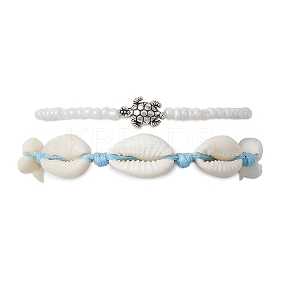 2Pcs 2 Style Glass Seed & Alloy Turtle Beaded Stretch Bracelets Set BJEW-JB09707-1