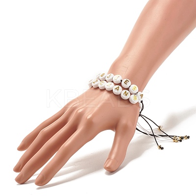 2Pcs 2 Style Flat Round with Letters Braided Bead Bracelets Set for Women BJEW-JB07571-1