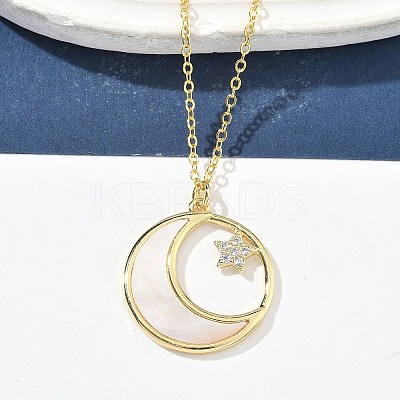 Brass Micro Pave Clear Cubic Zirconia Moon with Star Pendant Necklaces for Women NJEW-S449-02G-1