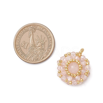 Natural Rose Quartz & Glass Seed Beaded Flat Round Pendants PALLOY-MZ00950-01-1