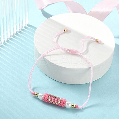Glass Pearl & Seed Column with Heart Link Bracelet BJEW-MZ00028-01-1