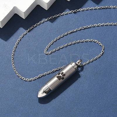 304 Stainless Steel Paw Print Bullet Shape Pet Memorial Keepsake Urn Ashes Pendant Necklaces NJEW-P326-03P-1