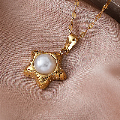 Vintage 304 Stainless Steel Ocean Starfish Pendant Necklaces with Imitation Pearl for Women EC5636-1