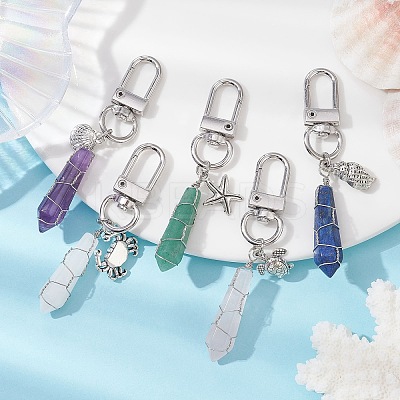 5Pcs 5 Styles Wire Wrapped Bullet Naturl Gemstone Pendant Decoraiton HJEW-JM01391-S-1