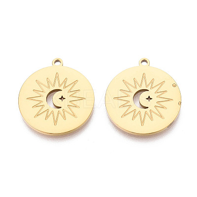 304 Stainless Steel Flat Round with Moon & Sun Pendants STAS-T073-06G-1