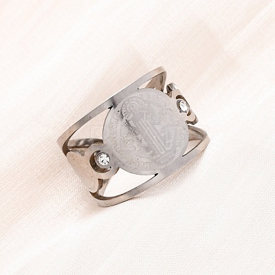 304 Stainless Steel Rhinestone Saint Benedict Open Cuff Rings LS-RJEW-M069-01P-1