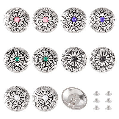 10Pcs 5 Colors Tibetan Style Flat Round Alloy with Resin Decorative Rivets BUTT-TA0001-31B-1