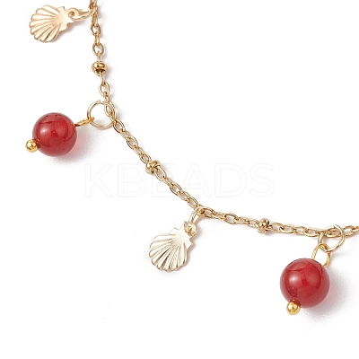 Dyed Natural Banded Agate Round & 304 Stainless Steel Shell Shape Tassel Anklets for Women AJEW-AN00702-02-1