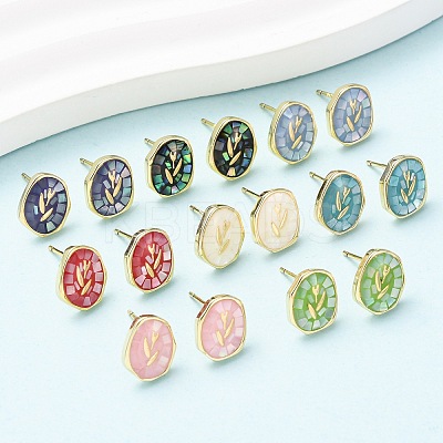Brass Enamel Oval Stud Earrings EJEW-I322-04G-1