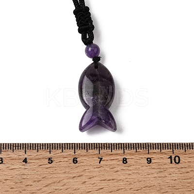 Natural Amethyst Fish Pendant Black Nylon Cord Necklaces NJEW-G185-01C-1