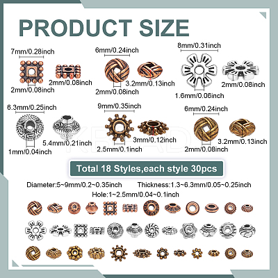 540Pcs 18 Styles Alloy Spacer Beads FIND-ME0001-48-1