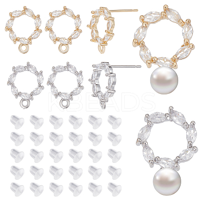 8Pcs 2 Colors Donut Shape Brass Cubic Zirconia Stud Earring Findings AJEW-GO0001-47-1
