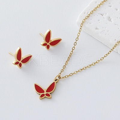 304 Stainless Steel Enamel Butterfly Pendant Necklace & Stud Earrings Set for Women TJ2009-2-1