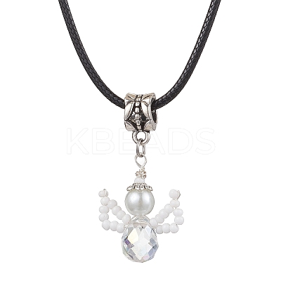 Glass Seed Beads & Glass Pearl Angel Pendant Necklaces NJEW-MZ00056-01-1
