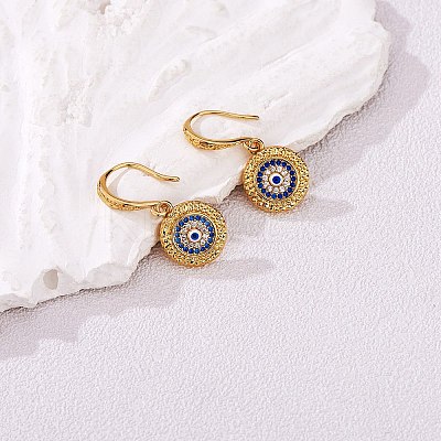 Cubic Zirconia Flat Round with Evil Eye Dangle Earrings EJEW-SW00011-03-1