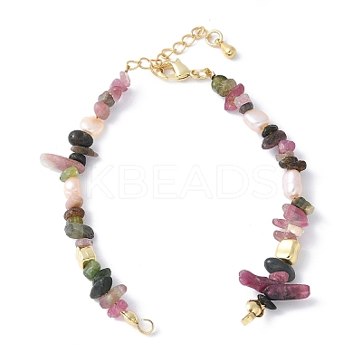 Brass & Natural Pearl & Multicolor Tourmaline Chip Beaded Bracelet Making KK-F892-20G-1