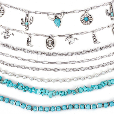 8Pcs 8 Styles Cowboy Theme Synthetic Turquoise & 304 Stainless Steel Baseball Cap Chain HJEW-SC0002-41-1